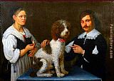 Guercino of a dog on table with a man and a woman by Unknown Artist
